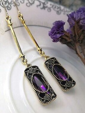 Gold-Tone Filigree Drop Earrings with Purple Gemstone